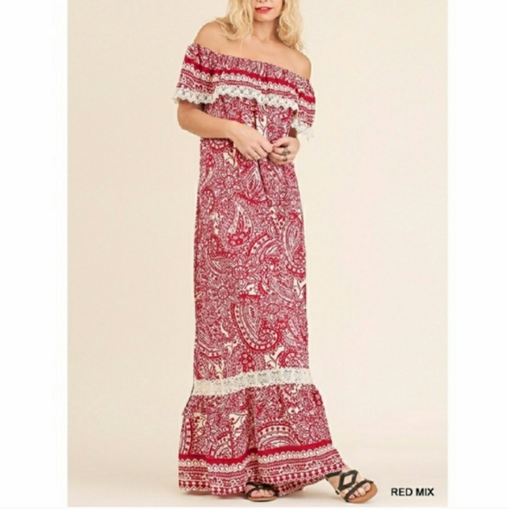 Umgee Off Shoulder Red & White Boho Maxi Dress - Picture 2 of 7